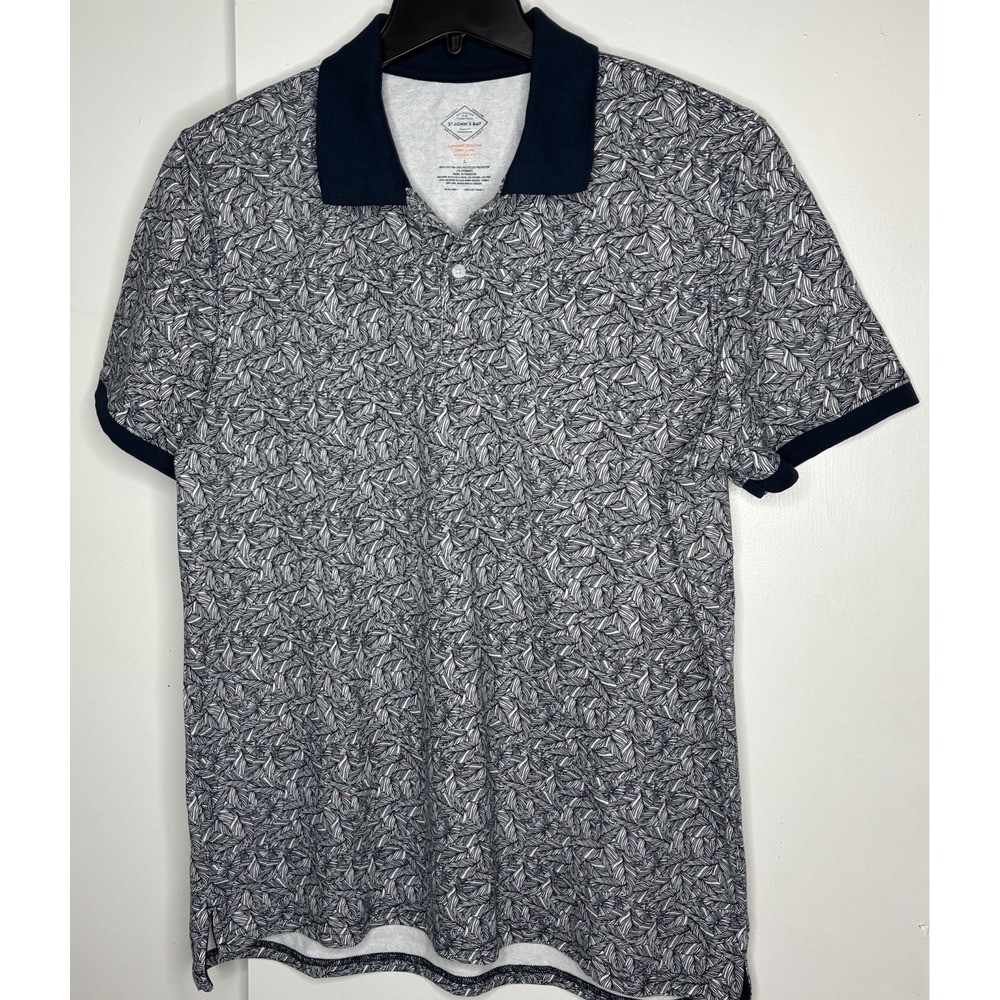 St John's Bay Polo Shirt Mens Large Blue Leaf Print Comfort Stretch Casual Tee